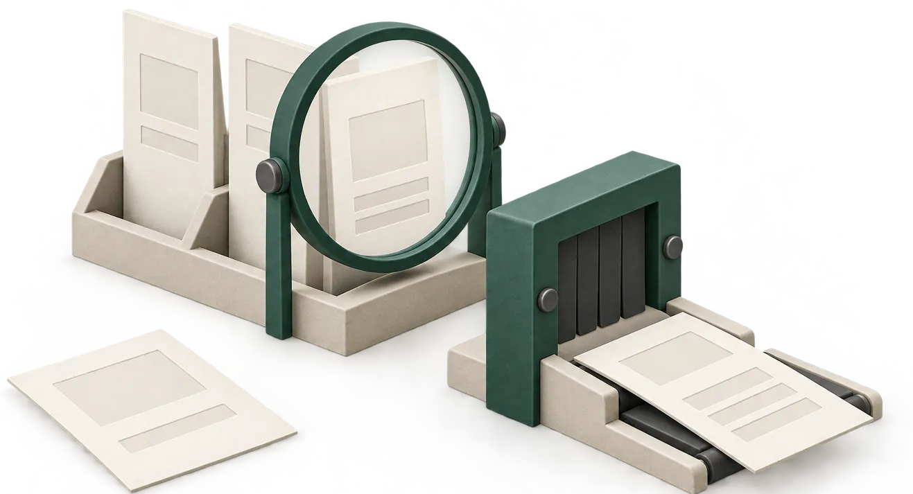 Maqueta de documentos examinados con una lupa y una compuerta de comprobación antes de la salida.