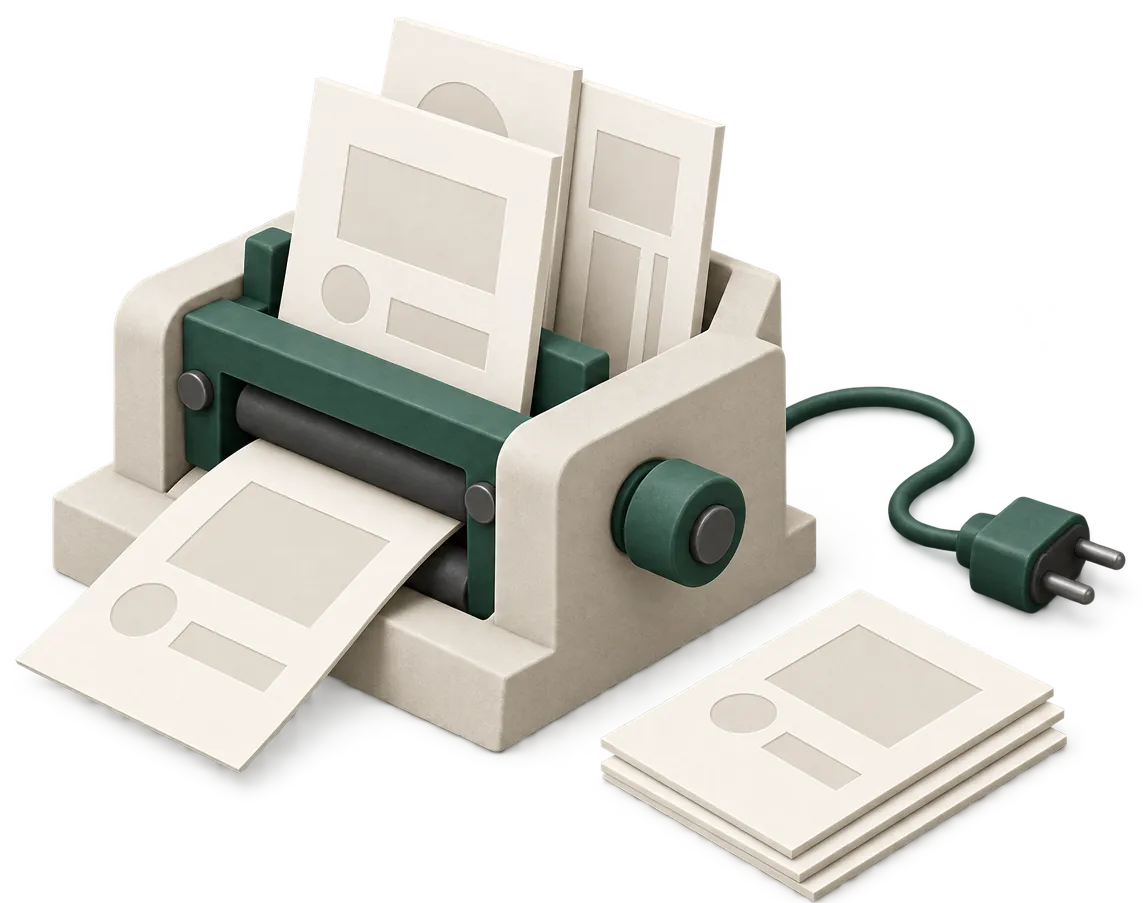 Maqueta de una prensa que unifica el formato de documentos, con un cable desenchufado a su lado.
