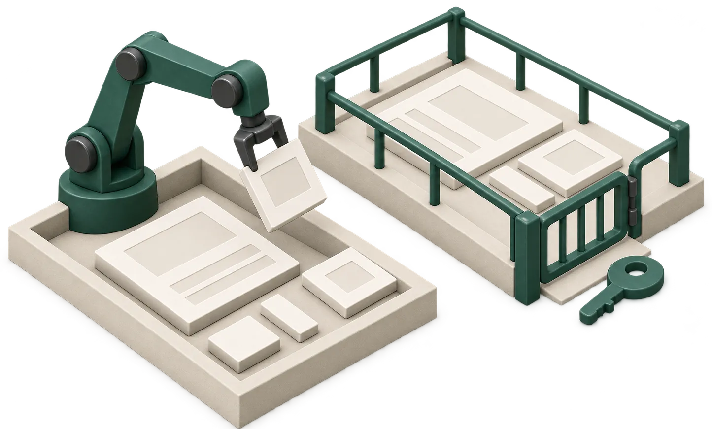 Maqueta de un brazo robótico sobre una zona de pruebas junto a otra superficie protegida por una puerta con llave.