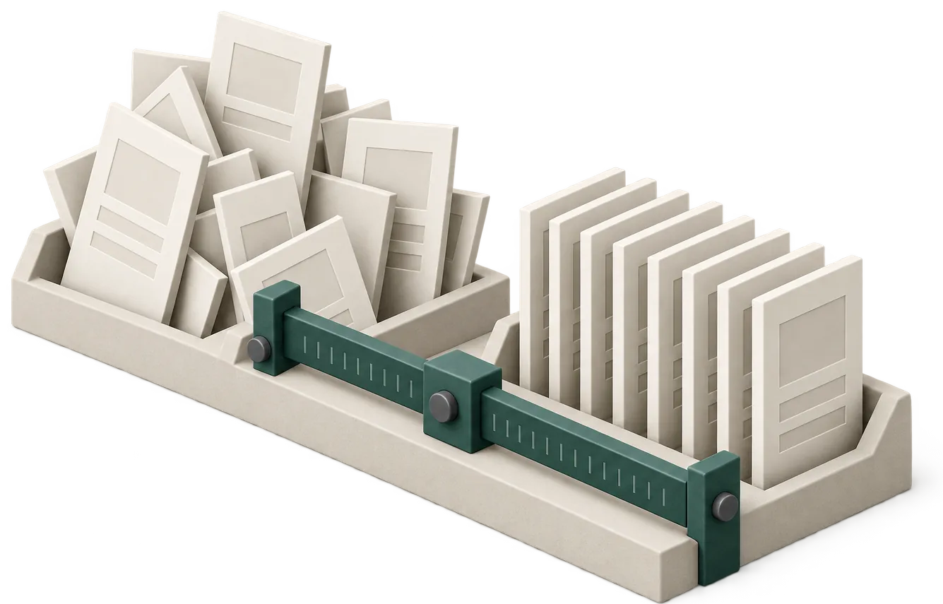 Maqueta de módulos desordenados y módulos alineados sobre una base común, con una guía de medición.