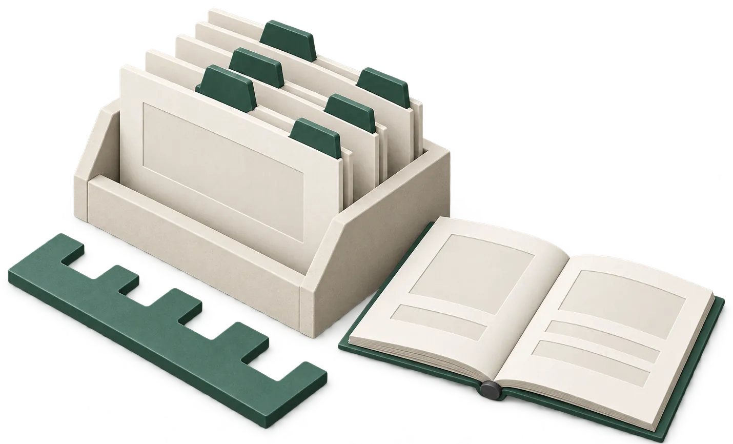 Maqueta de carpetas con pestañas uniformes, un manual abierto y una guía compartida para ordenarlas.